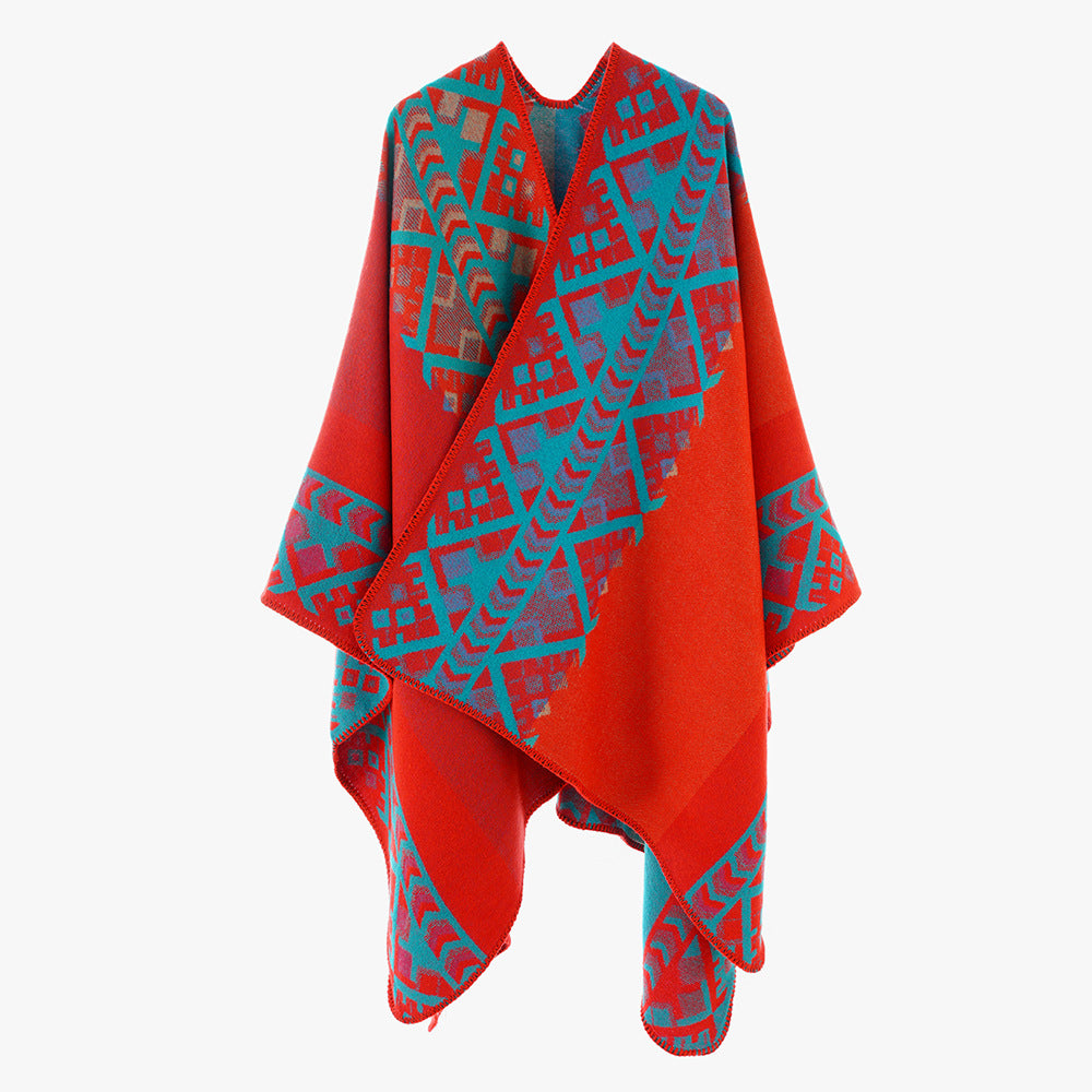 Damen Capeponcho im gewebten Ethno‑Jacquard aus Wollmix mit gezackter Saumkante Drune