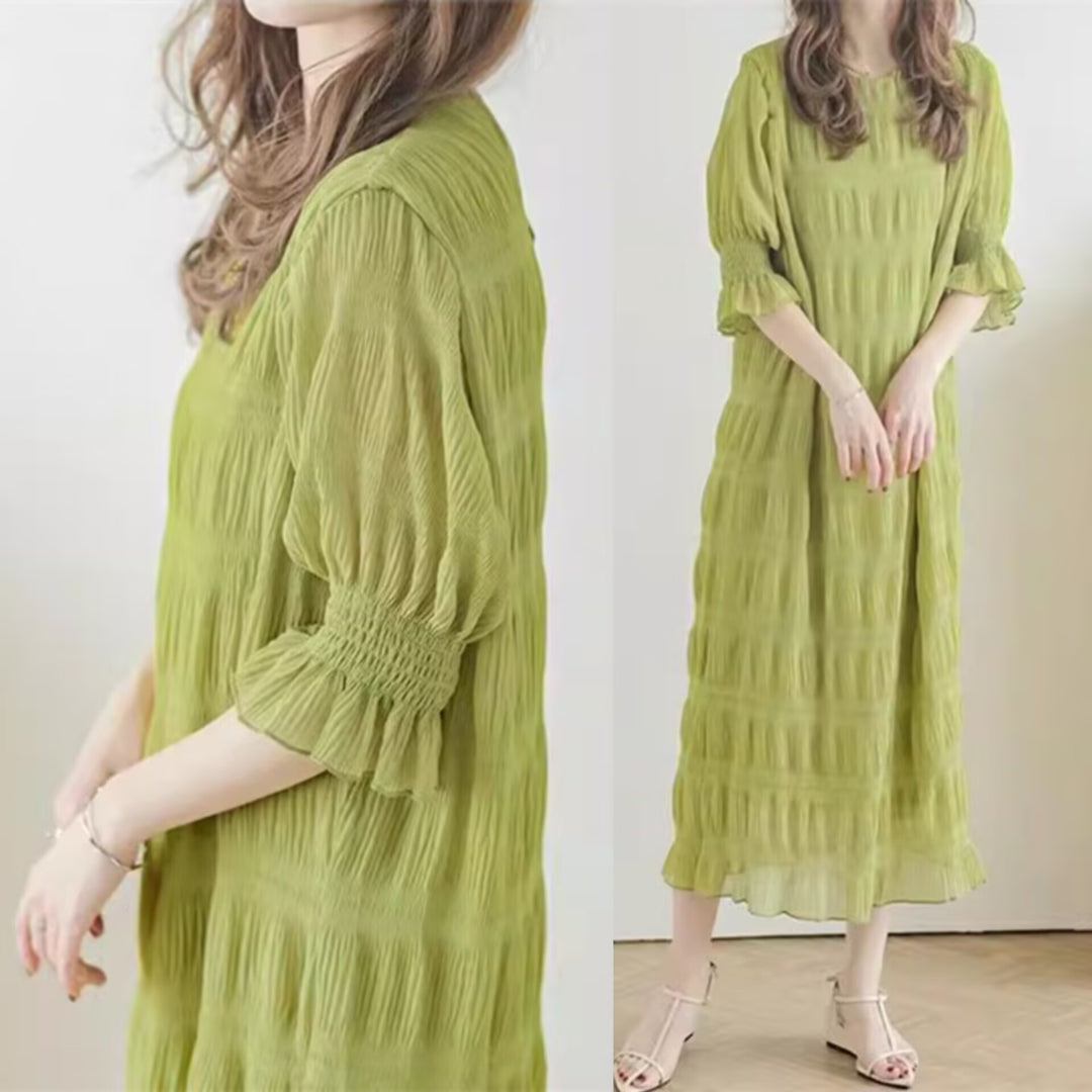 Damen Freizeitliches Maxikleid mit elastischen Puffärmeln und raffiniertem Strukturdesign Drune