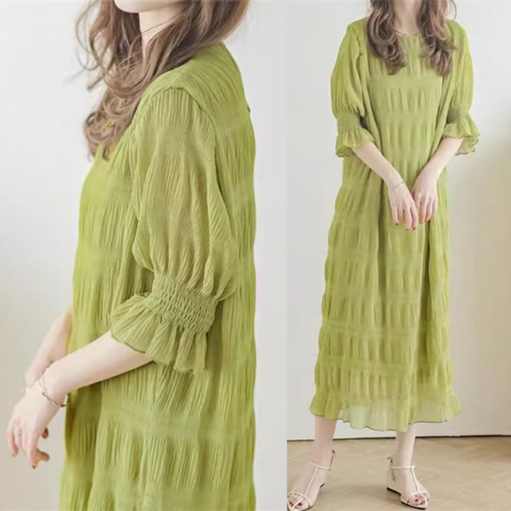 Damen Freizeitliches Maxikleid mit elastischen Puffärmeln und raffiniertem Strukturdesign Drune