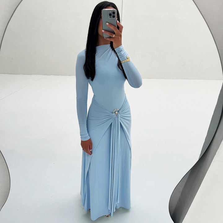 Damen Elegantes Maxikleid mit Drapierungsdetails und langem Arm Drune