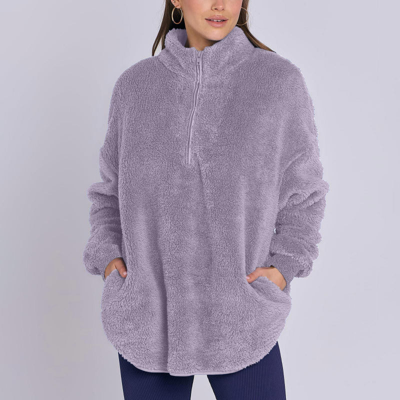 Damen Flauschiger Oversize-Sherpa-Pullover mit Halbzip und Kängurutaschen Drune