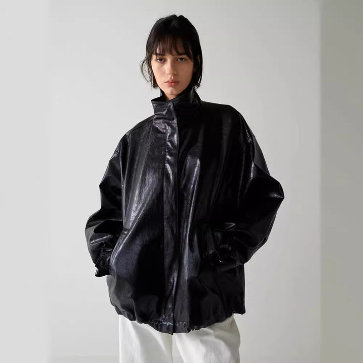 Damen modische Oversized-Lederjacke mit hohem Kragen und Druckknopfverschluss Drune