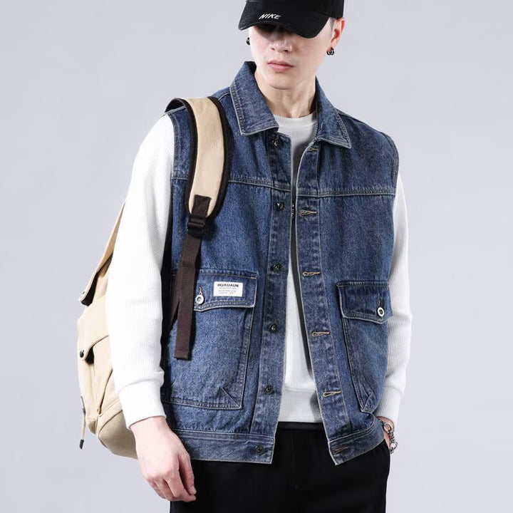 Herren Ärmellose Jeans-Workerweste mit Pattentaschen und kastiger Passform Drune
