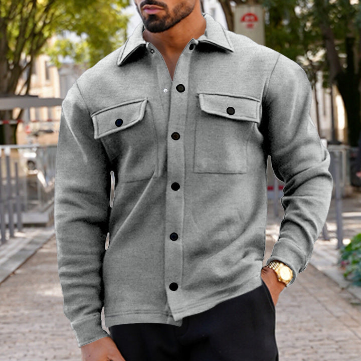 Herren nan schwere Baumwoll-Übergangsjacke im Shacket-Stil mit Druckknöpfen und Pattentaschen Drune