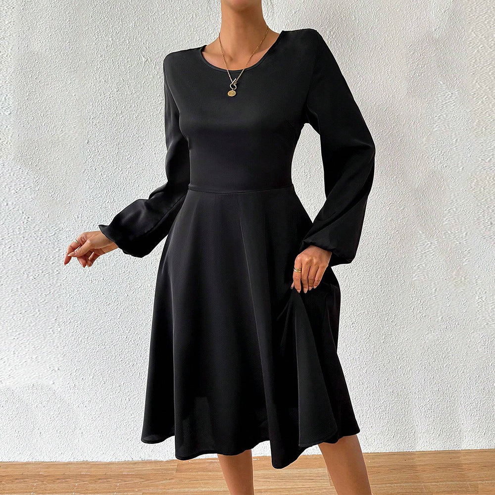 Damen elegantes Midikleid mit taillierter Korsagenoptik ausgestelltem A-Linien-Rock und langen ausgestellten Ärmeln Drune