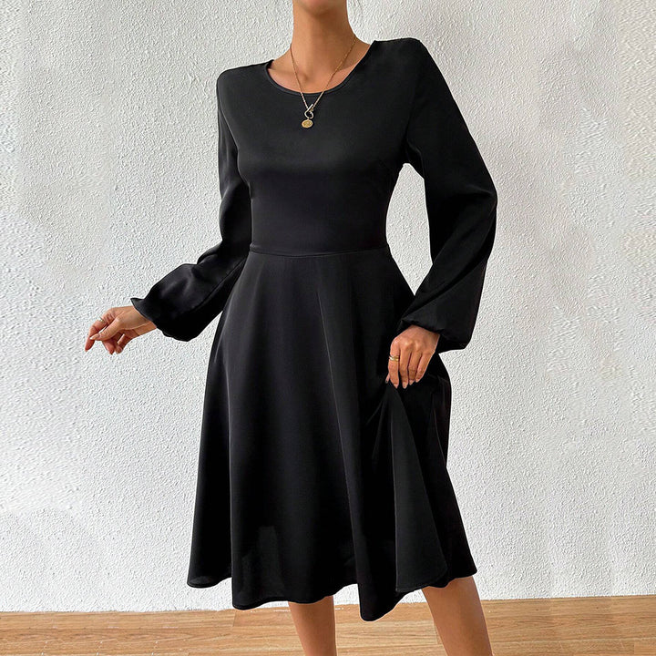 Damen elegantes Midikleid mit taillierter Korsagenoptik ausgestelltem A-Linien-Rock und langen ausgestellten Ärmeln Drune