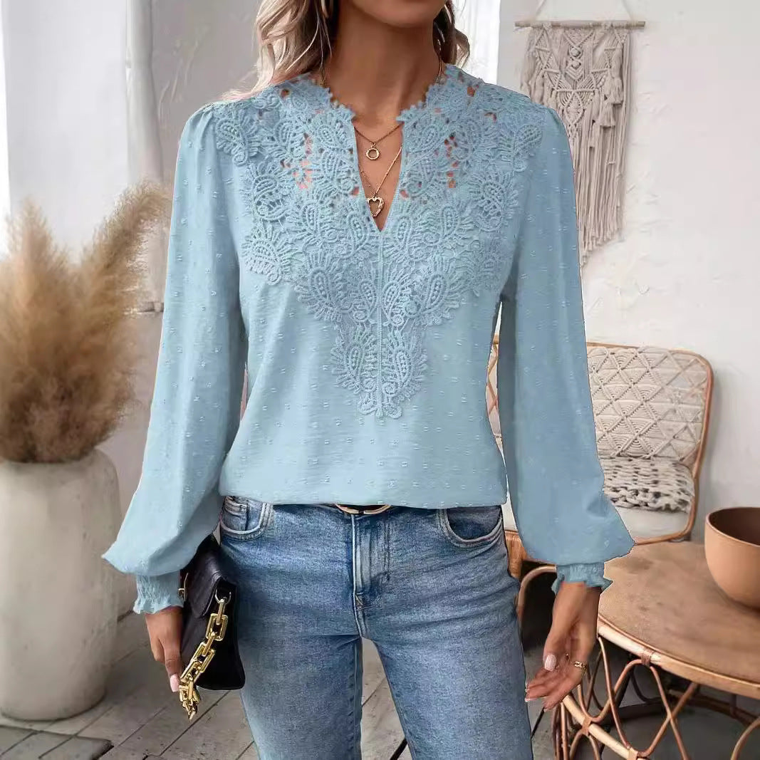 Damen elegante Bluse mit besticktem V-Ausschnitt Drune