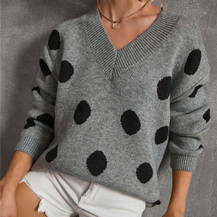 Damen modischer Pullover mit tiefem V-Ausschnitt und grafischem Punktdesign Drune