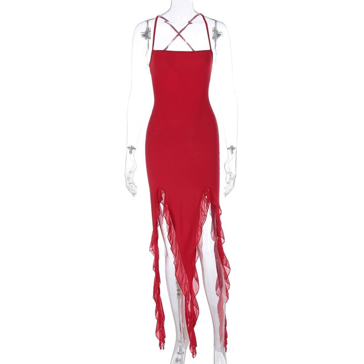 Damen Figurumspielendes Maxikleid mit asymmetrischem Saum und Rüschendetails Drune