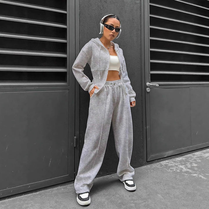 Damen Zip-Hoodie und weite Sweatpants Set mit taillierter Nahtführung Drune