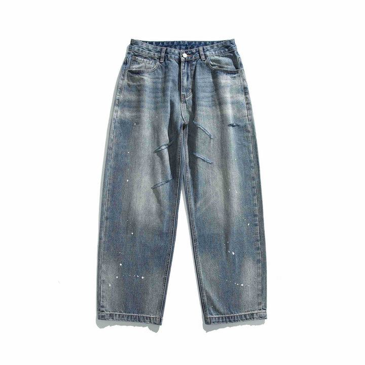 Damen Hochtaillierte lockere Jeans mit Used‑Effekt und Farb‑Splatter Drune