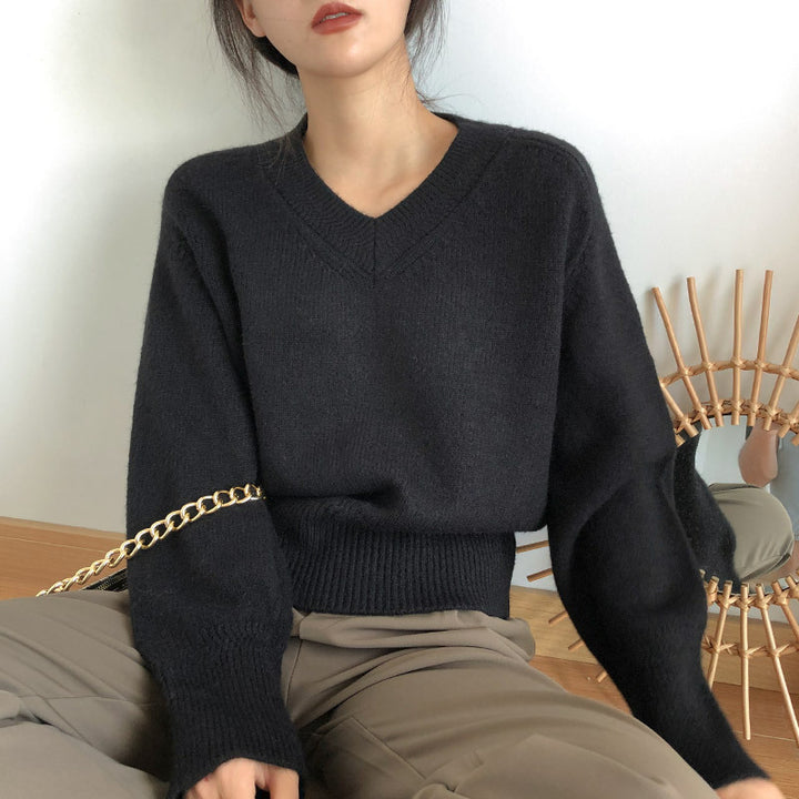 Damen V-Ausschnitt Pullover mit weitem Bündchen Drune