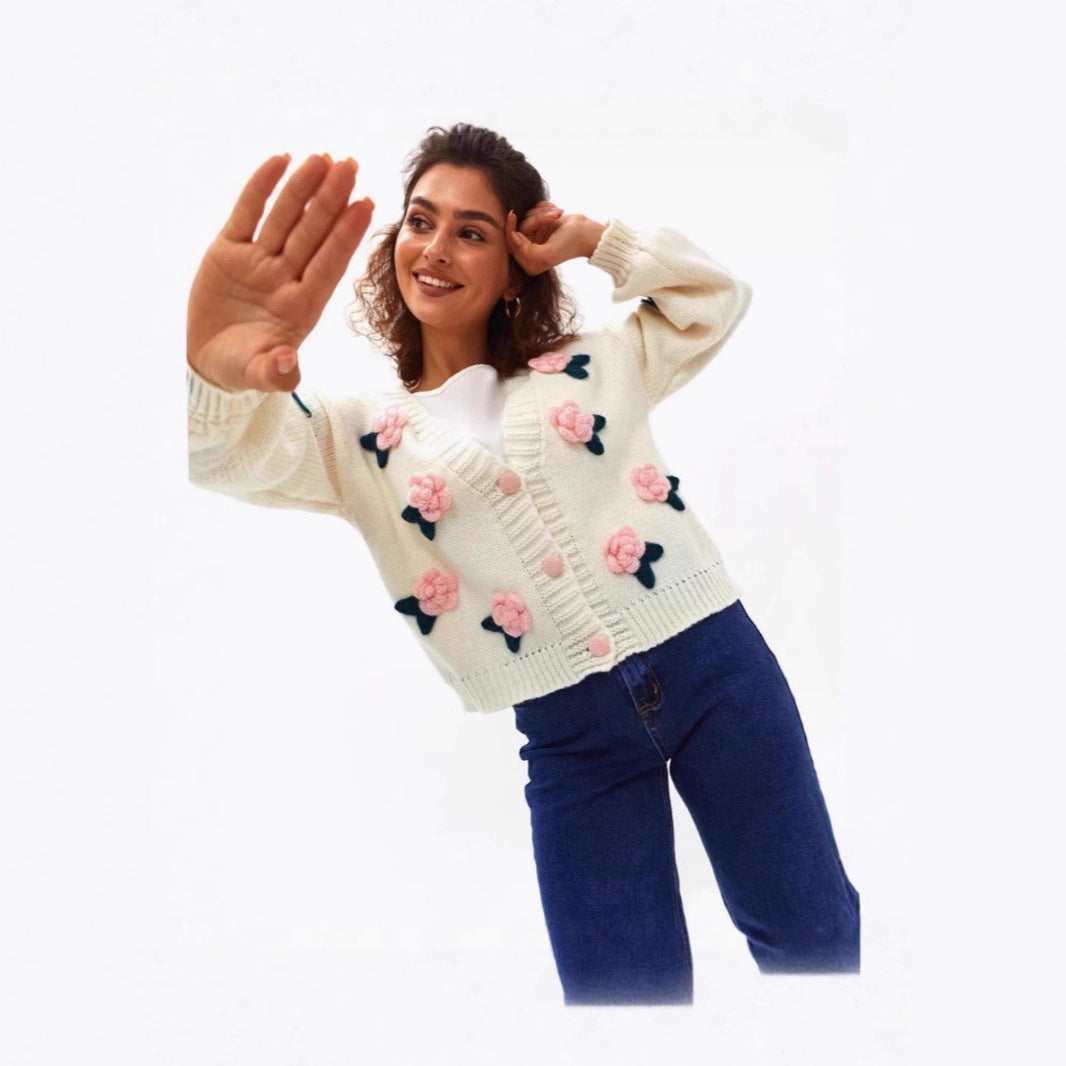 Damen Kuschelige Strickjacke mit Blumenapplikationen Drune