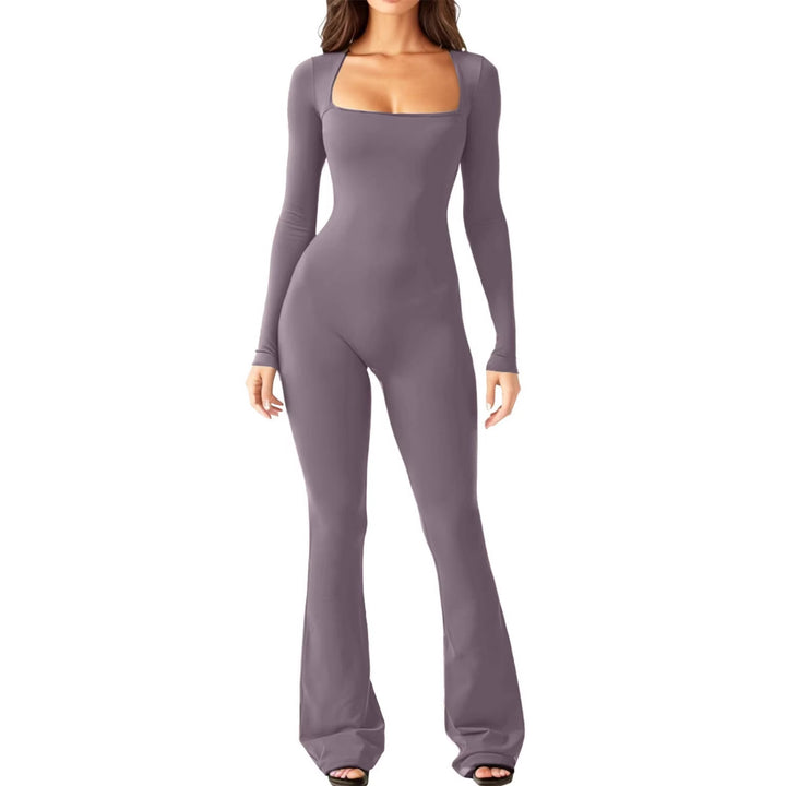Damen figurbetontes Jumpsuit mit quadratischem Ausschnitt, langen Ärmeln und ausgestellt Bein Drune