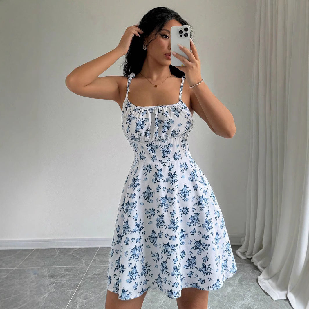 Damen Sommerliches Minikleid mit floralen Mustern und breiten Trägern Drune