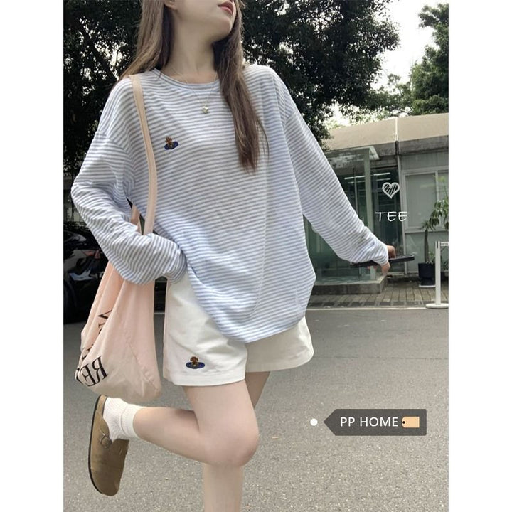 Damen longsleeve T-Shirt mit lässigem Streifenmuster und gesticktem Design Drune