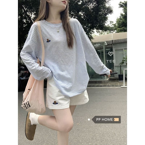 Damen longsleeve T-Shirt mit lässigem Streifenmuster und gesticktem Design Drune