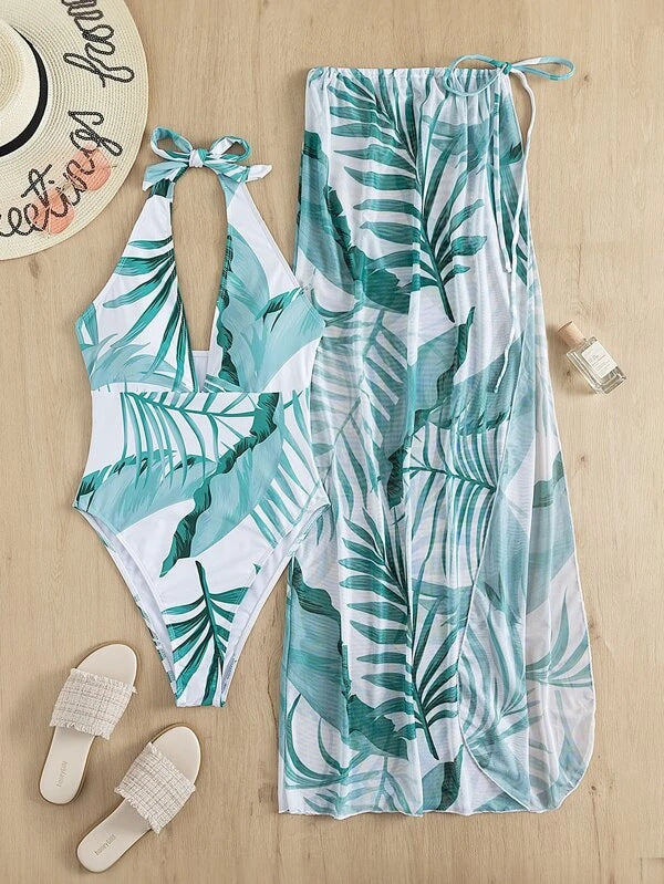 Damen Eleganter Einteiler mit blumigen Mustern und passendem Sarong Drune