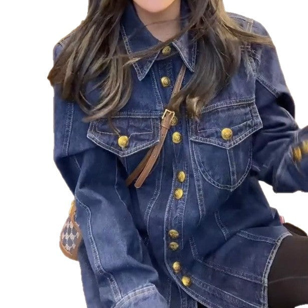 Damen Jeanshemdjacke mit goldenen Druckknöpfen Drune