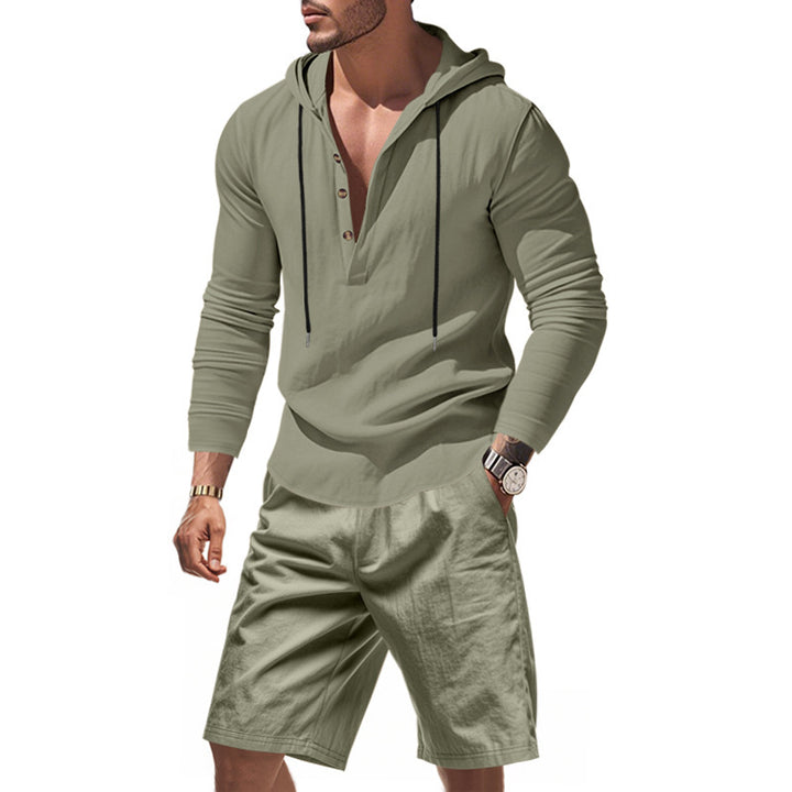Herren nan Kapuzen-Henley-Loungewear-Set mit Leinenoptik, Kordelzug und elastischer Tunnelzugshorts Drune