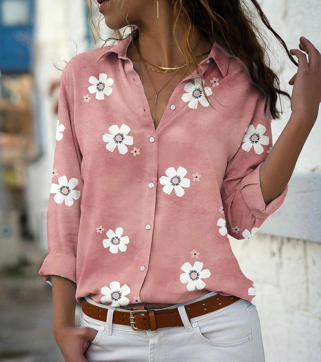 Damen Bluse mit Blumenmuster, Hemdkragen und lockerer Passform Drune