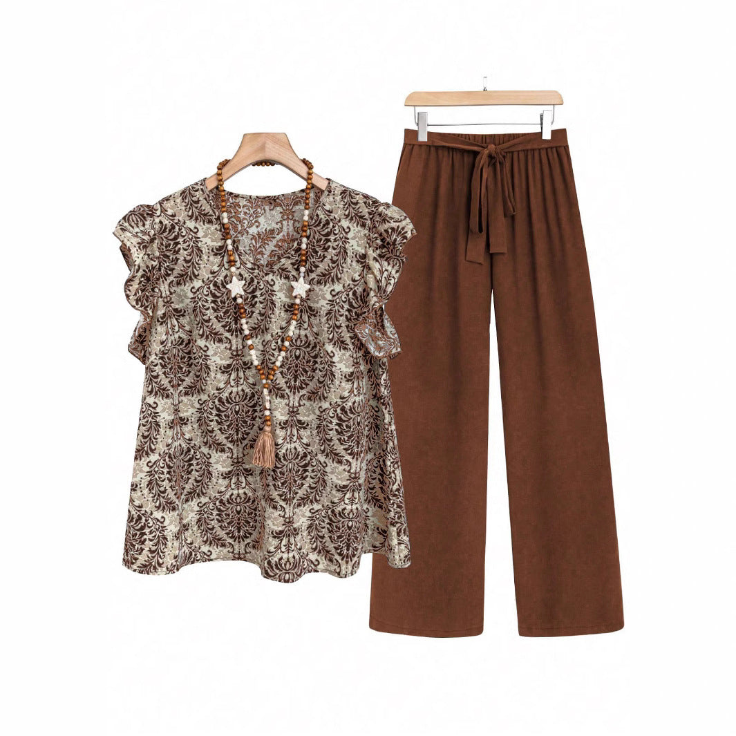 Damen Zweiteiliges Ensemble mit Rüschen-Printbluse und weitem Taillen-Hosenmodell Drune