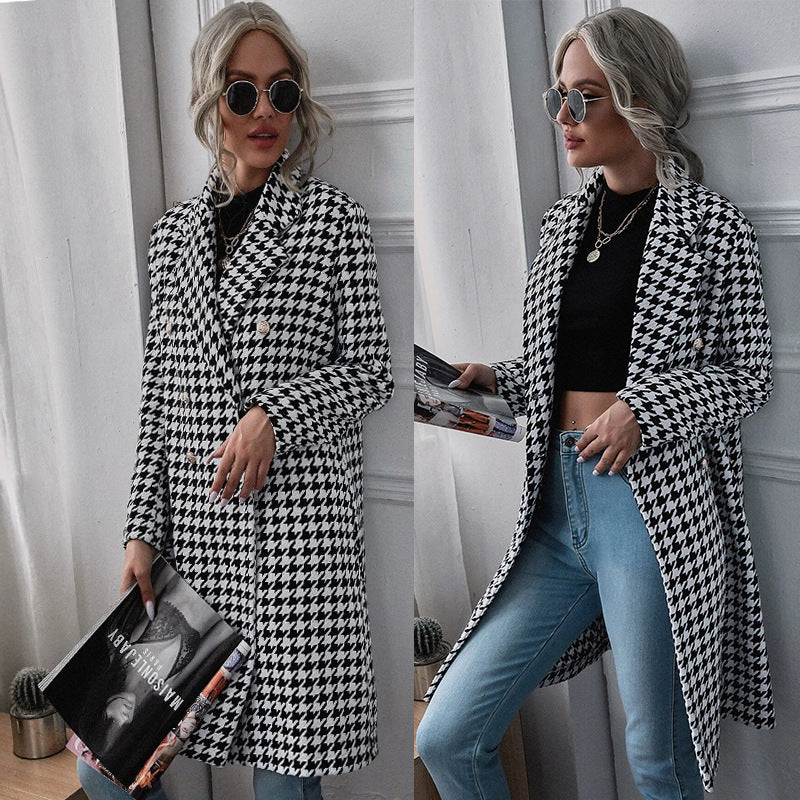 Damen Oversized Hahnentritt-Mantel mit klassischen Details Drune