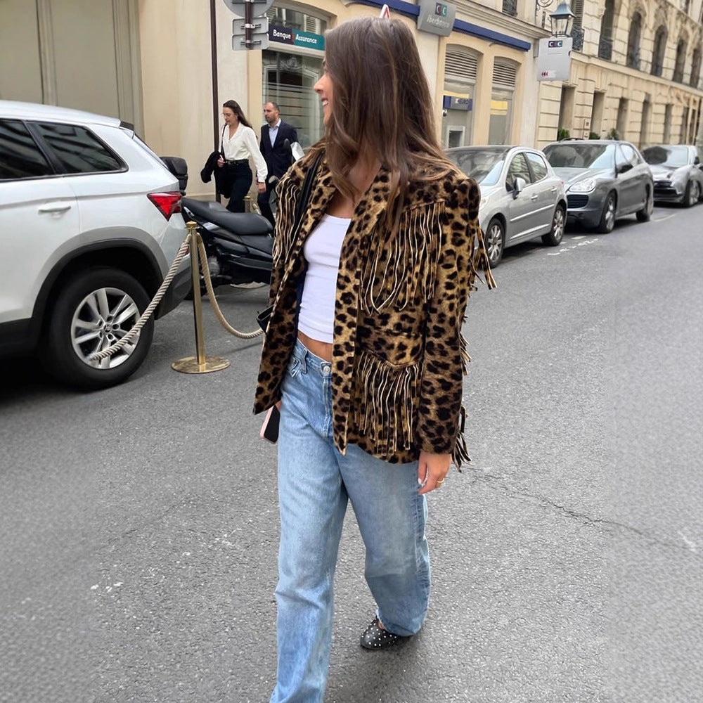 Damen Leoparden-Wildlederjacke mit Fransen und modischem Schnitt Drune