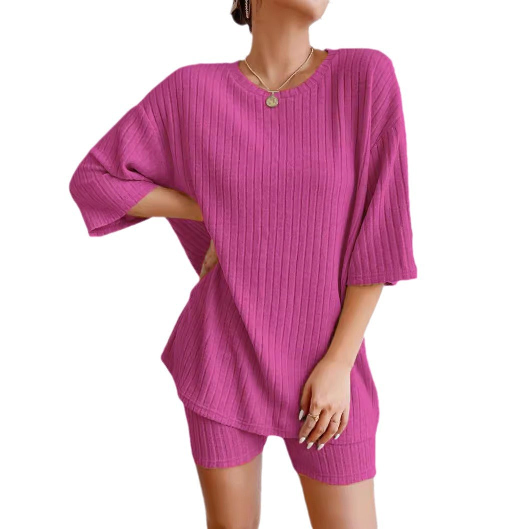 Damen komfortables Kurzarm Set mit Rippstrick und relaxed Schnitt Drune