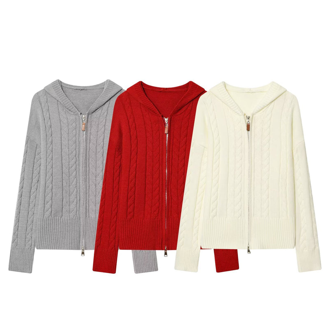 Damen Kapuzenstrickjacke mit Zopfstrickmuster und Metallreißverschluss Drune