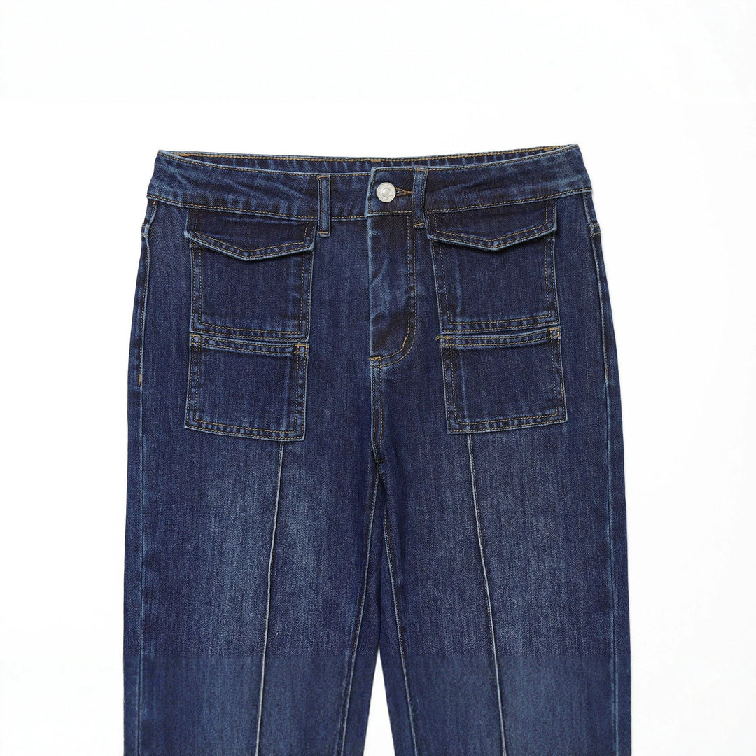 Damen nan weite Highwaist Denim Cargohose mit zentraler Teilungsnaht und aufgesetzten Fronttaschen Drune