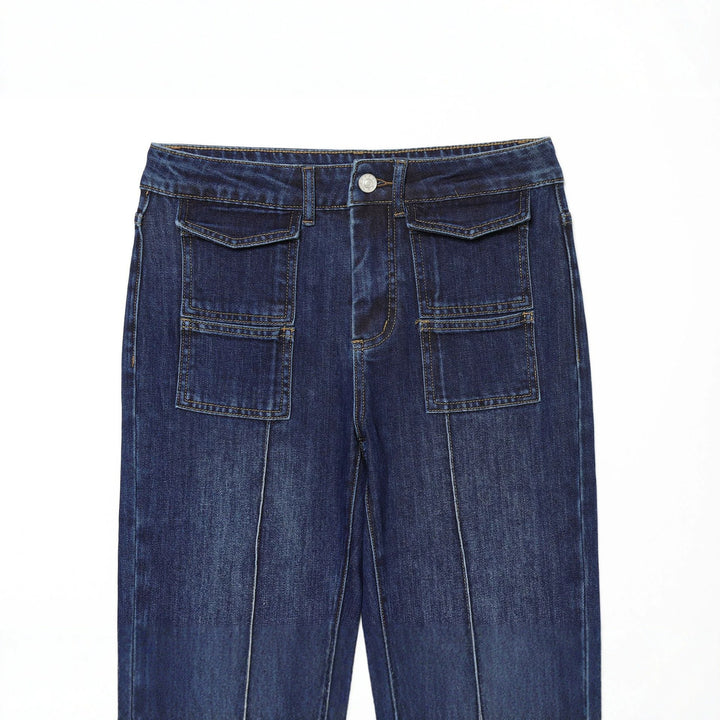 Damen nan weite Highwaist Denim Cargohose mit zentraler Teilungsnaht und aufgesetzten Fronttaschen Drune