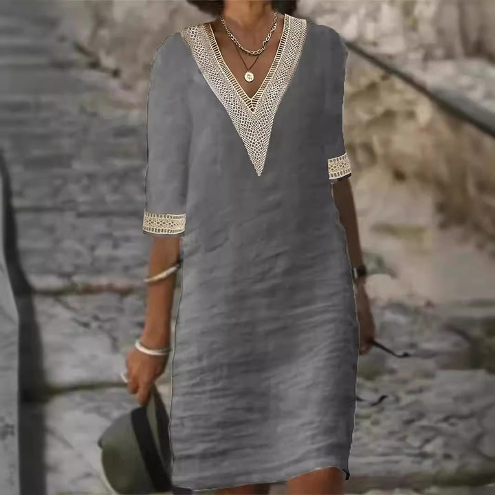 Damen Leinenlook Midi Kleid mit gehäkeltem V-Ausschnitt und 3/4 Ärmeln Drune