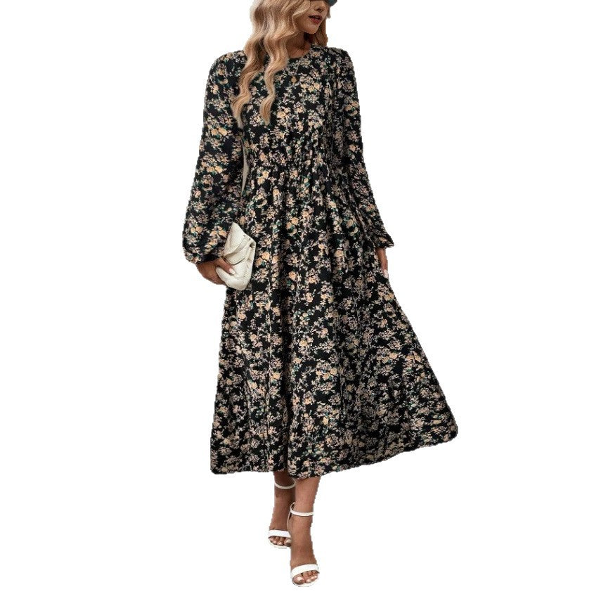 Damen Florales Midikleid mit elastischer Taillenpartie, langen Balloonärmeln und Volantstufe Drune