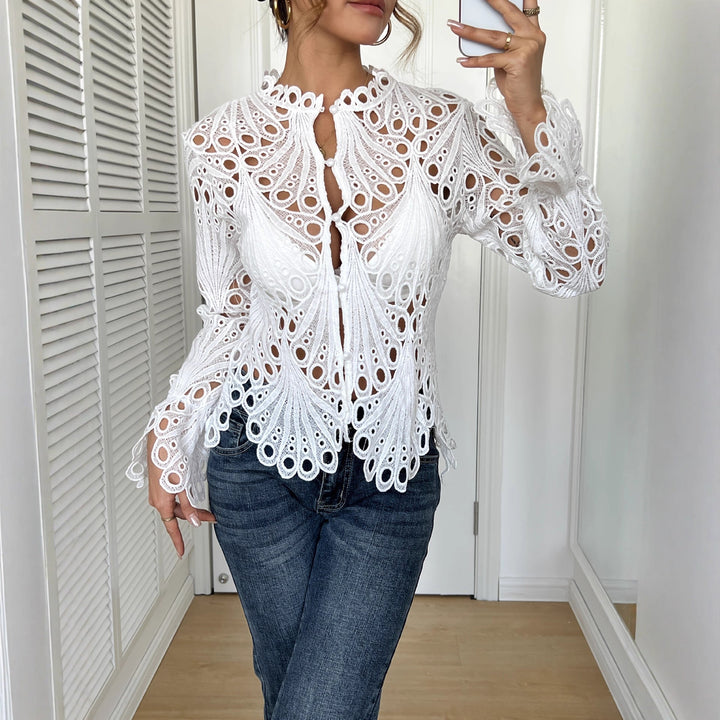 Damen Spitze Bluse mit eleganten Cut-Outs und figurschmeichelndem Design Drune