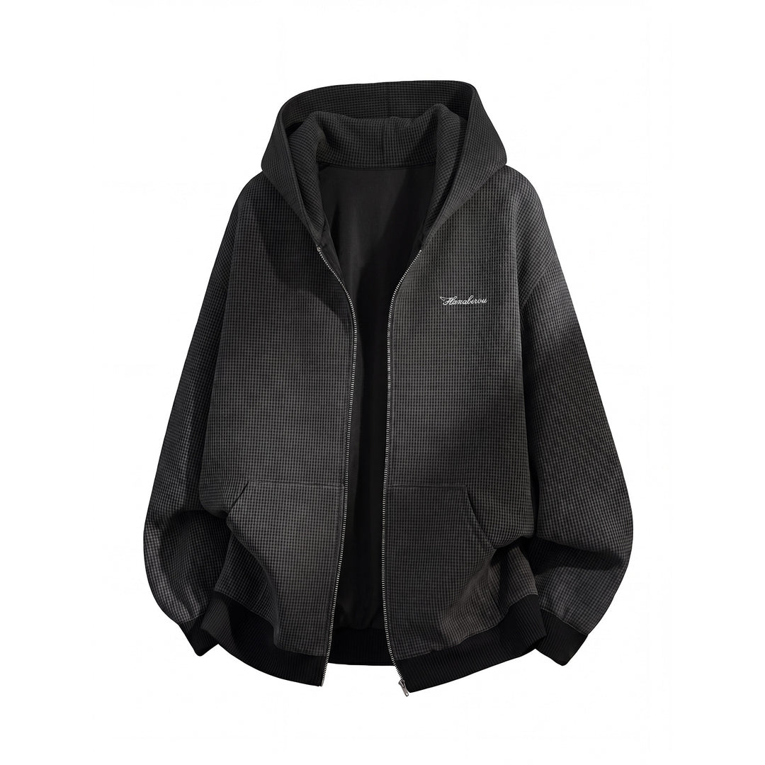 Unisex Oversize Kapuzen-Zipperjacke mit Hahnentrittstruktur und Rippbündchen Drune