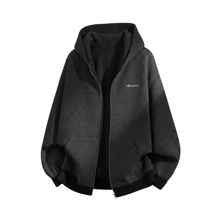 Unisex Oversize Kapuzen-Zipperjacke mit Hahnentrittstruktur und Rippbündchen Drune