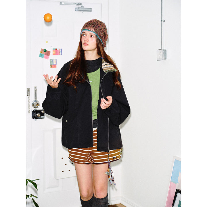Damen Kurzjacke im Boxy‑Cut mit gemustertem Stehkragen und Kordelzug Drune