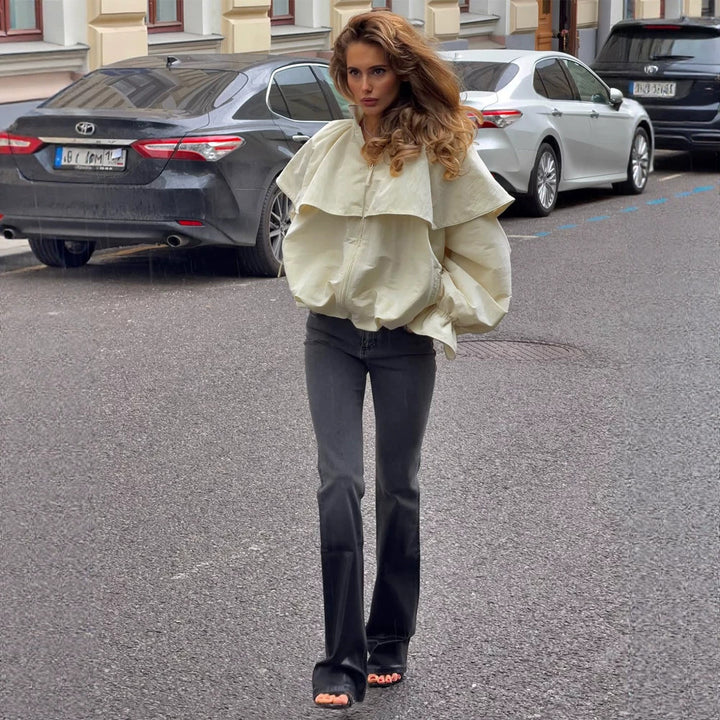 Damen Oversize-Jacke mit Cape-Kragen, Ballonärmeln und Kordelzug Drune