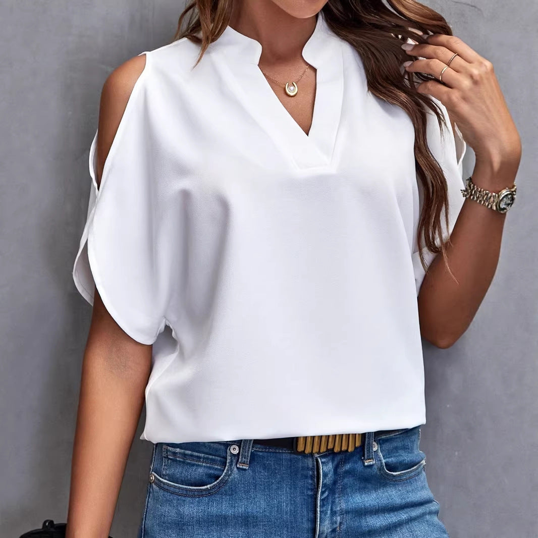Damen Schulterfreie Chiffonbluse mit V-Ausschnitt und Stehkragen Drune
