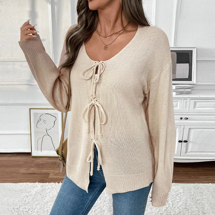 Damen Lässiger Strickpullover mit dreifacher Schnürfront, Rundhalsausschnitt und Oversize-Silhouette Drune