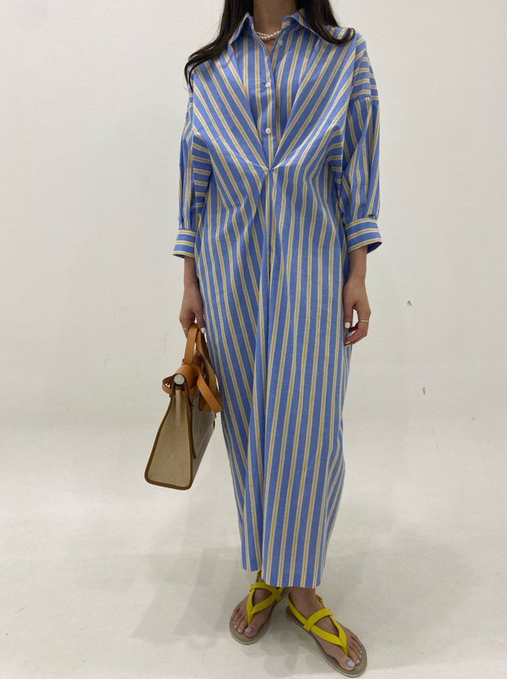 Damen Gestreiftes Hemdblusenkleid Maxi mit verdeckter Knopfleiste und Seitentaschen Drune