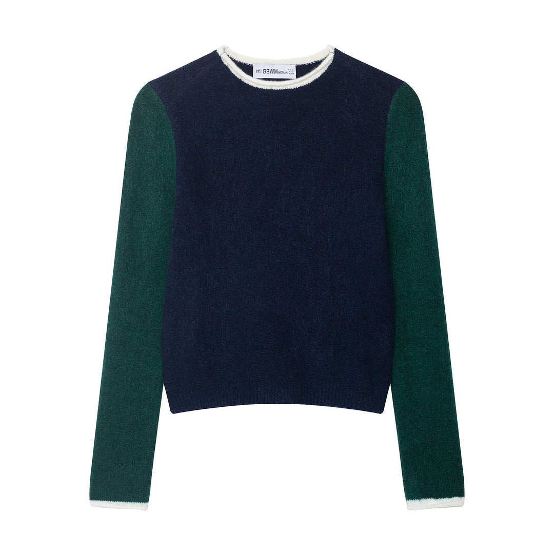 Damen Kuscheliger Colorblock-Pullover mit Rundhalsausschnitt und Kontrastärmeln Drune