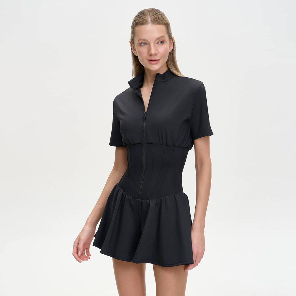 Damen sportive Kurzoverall mit hohem Kragen und Reißverschluss Drune
