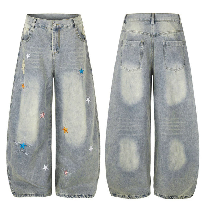 Damen Weite High-Waist Palazzo-Jeans mit Stern-Stickereien und Used-Effekt Drune