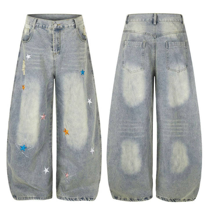 Damen Weite High-Waist Palazzo-Jeans mit Stern-Stickereien und Used-Effekt Drune