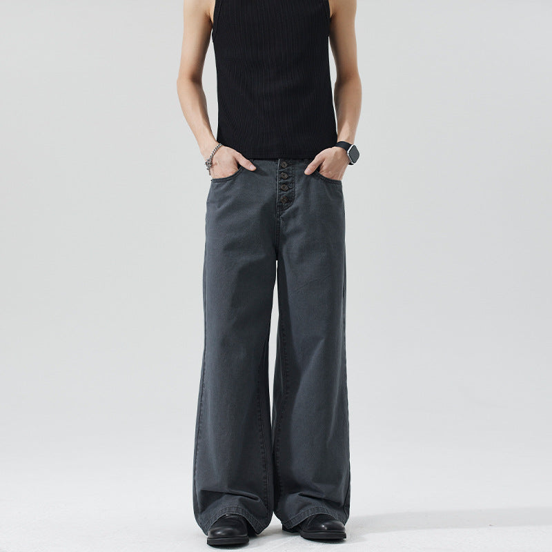 Herren Extraweite Denim-Hose mit sichtbarer Knopfleiste und bodenlangem Palazzoschnitt Drune