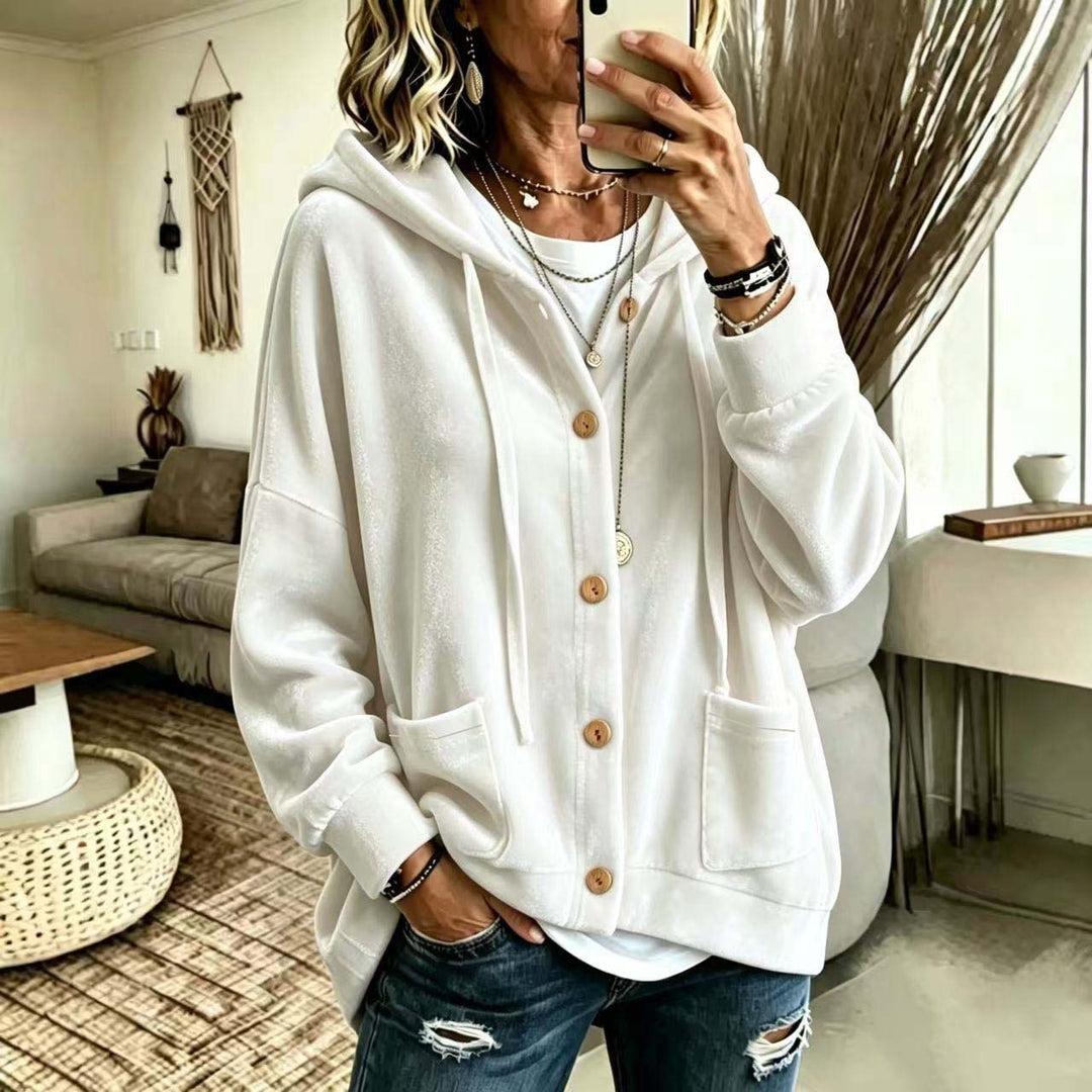 Damen Oversize Kapuzen-Samtjacke mit Knopfleiste und aufgesetzten Taschen Drune