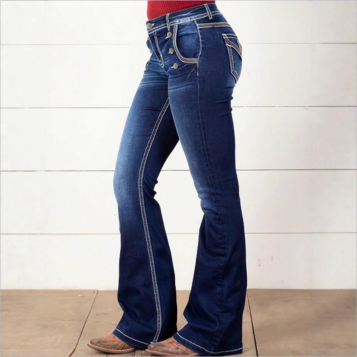 Damen Hochtaillierte Flared-Jeans mit dekorativen Metallknöpfen und Kontraststeppung Drune