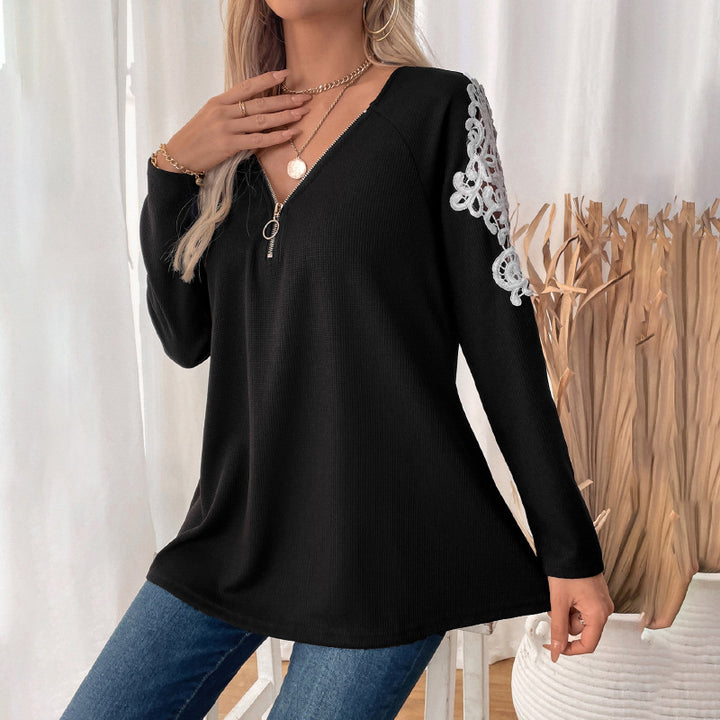 Damen Lässiges Longsleeve-Tunika-Shirt mit V‑Reißverschluss und Spitzenapplikation Drune